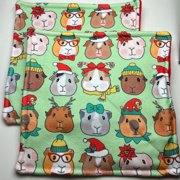 Guinea Pig P Piddle Pads Washable Fleece 12” Pair Lot 2 New Christmas Faces - Picture 1 of 3